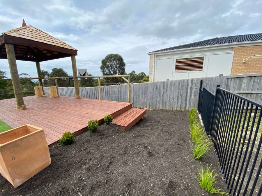Artficial turf, planting and bali hut