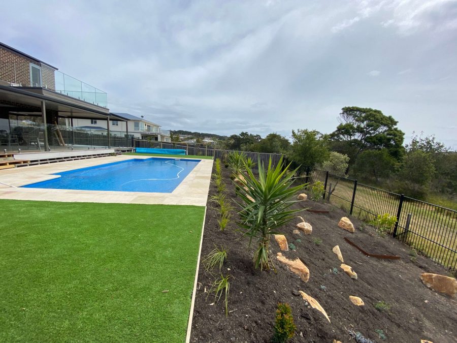 Yucca, pool, artificial turf, plants,